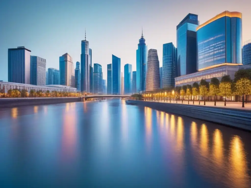 Metrópolis nocturna: luces, río y arquitectura moderna Vista urbana con impacto migración mercado inmobiliario: rascacielos iluminados en la noche reflejados en el río