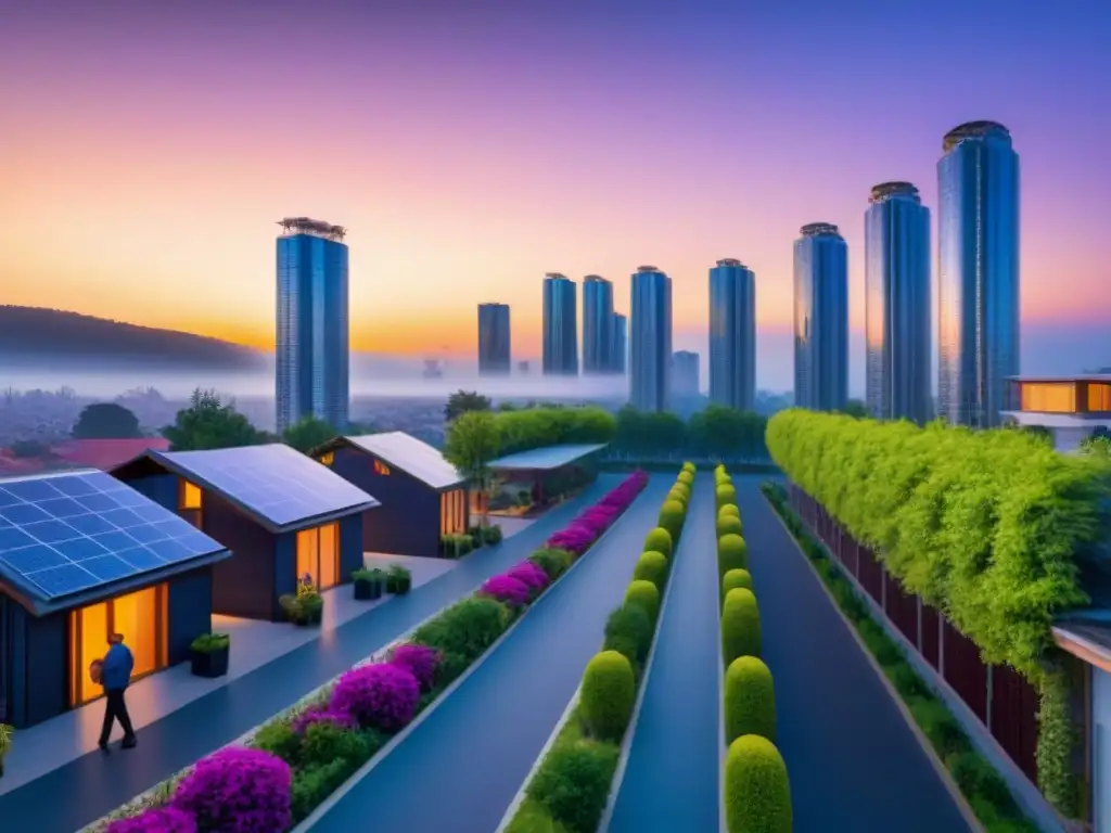 Paisaje urbano innovador al atardecer en mercado emergente Vista urbana con innovadoras viviendas en países líderes políticas innovadoras vivienda al atardecer