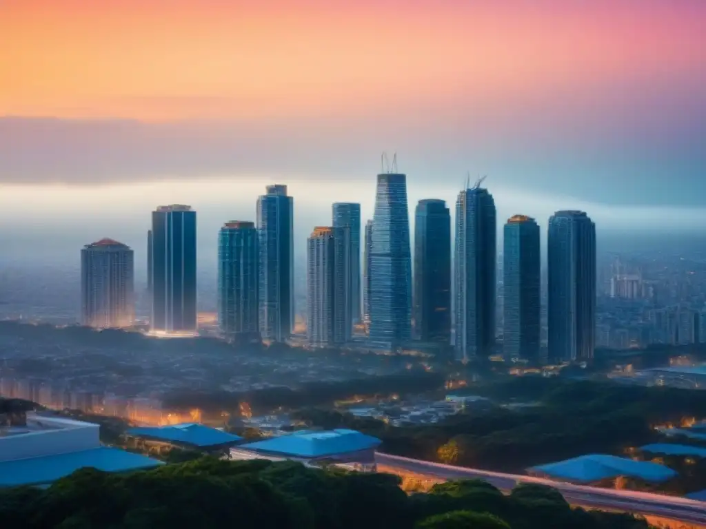 Skyline urbano de lujo al atardecer: oportunidades inmobiliarias Vista urbana lujosa al anochecer, reflejo de prosperidad y oportunidades en mercado inmobiliario
