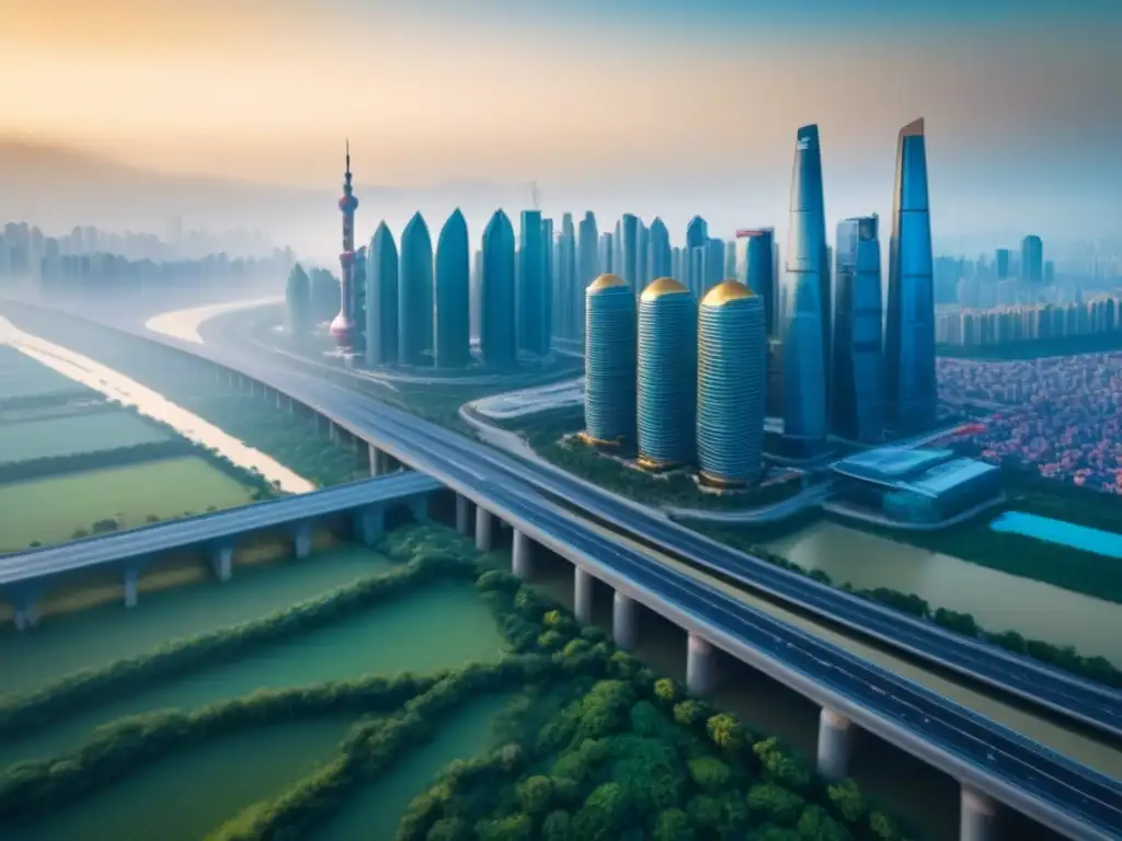 Metrópolis vibrante en la Ruta de la Franja y la Ruta de la Seda: inversión inmobiliaria internacional Vista urbana de una metrópolis moderna en la Franja y la Ruta, con rascacielos y calles llenas de gente diversa