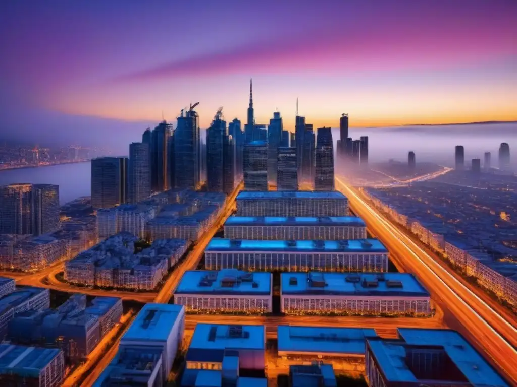 Horizonte urbano futurista al atardecer con edificios brillantes y transporte innovador 'Vista urbana moderna al atardecer con rascacielos brillantes y transporte futurista, reflejando la automatización en valoración de propiedades