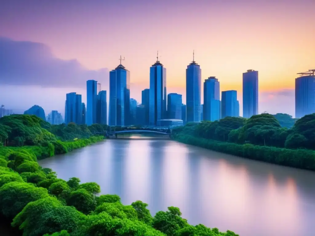 Horizonte urbano moderno: fusión de naturaleza y tecnología en la ciudad Vista urbana moderna al atardecer con rascacielos de cristal reflejando tonos cálidos del sol, rodeados de vegetación y río, fusionando naturaleza y tecnología en mercado inmobiliario con Machine Learning