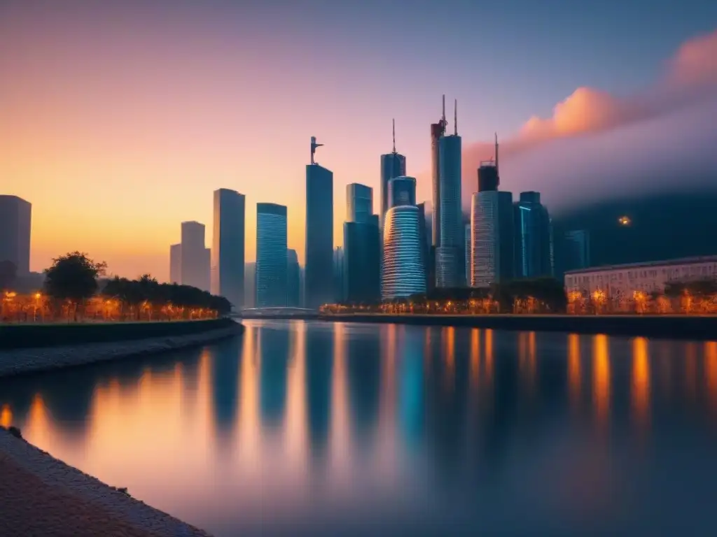 Horizonte urbano moderno al atardecer: mercado inmobiliario emergente Vista urbana moderna al anochecer, rascacielos iluminados reflejándose en un río, mercado inmobiliario emergente