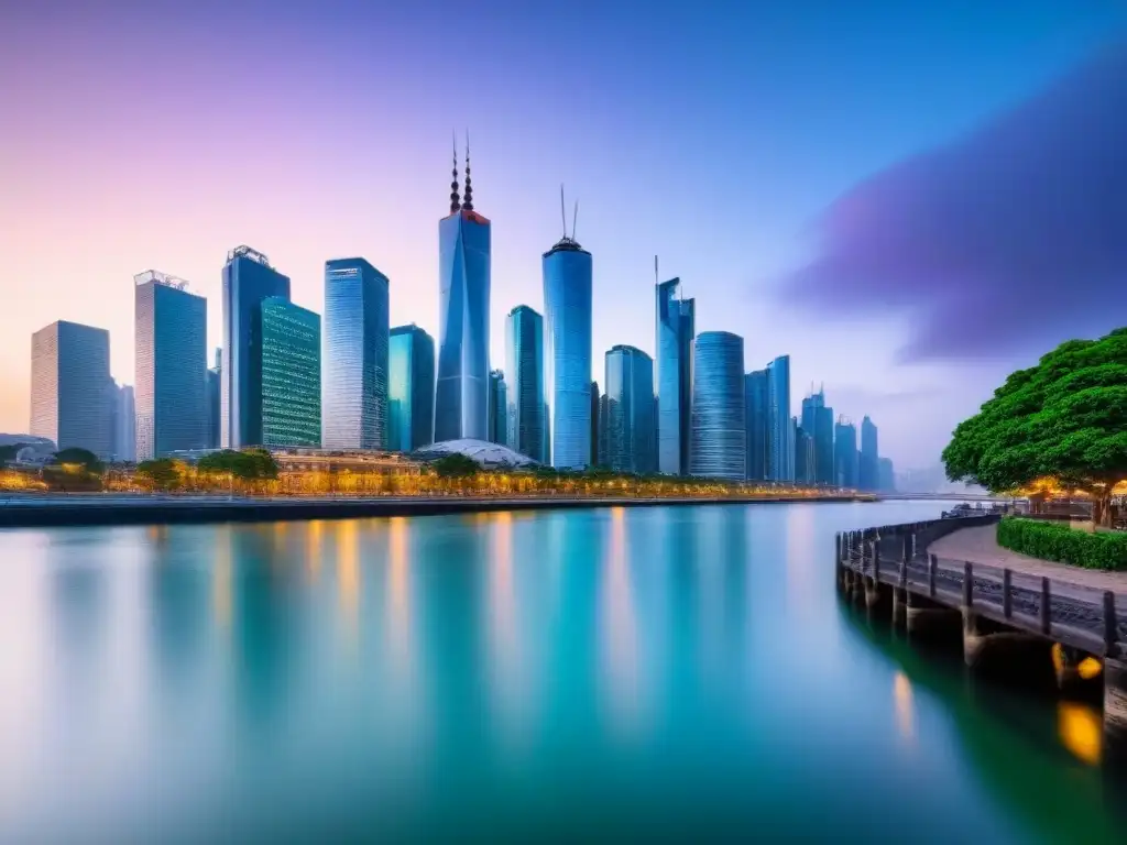 Horizonte urbano moderno al anochecer: inversión en propiedades extranjeras Vista urbana moderna al anochecer con rascacielos iluminados y reflejados en el río, ideal para financiar inversión propiedad inteligente extranjera