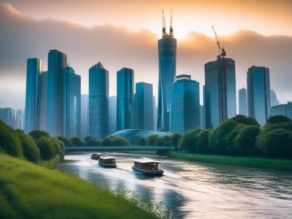Horizonte urbano al atardecer: armonía entre modernidad y naturaleza Vista urbana moderna en crepúsculo, rascacielos iluminados reflejados en río