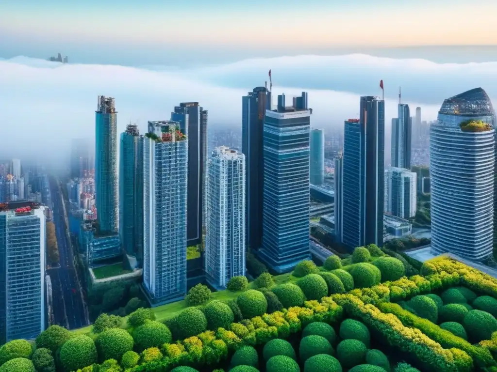Arquitectura moderna y naturaleza: la ciudad del futuro Vista urbana moderna con rascacielos y espacios verdes, destacando las mejores inversiones inmobiliarias internacionales