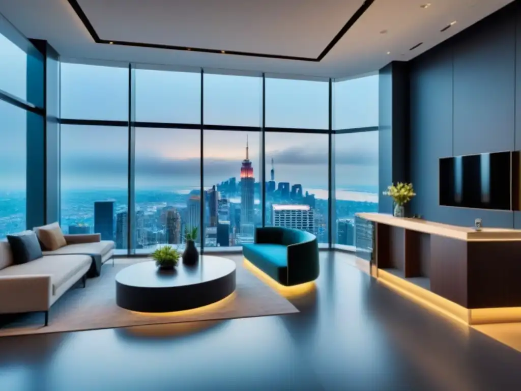 Oficina moderna con vista urbana: tecnología y elegancia en armonía Vista urbana desde moderno lobby con tecnología y gestión propiedades transfronterizas automatización