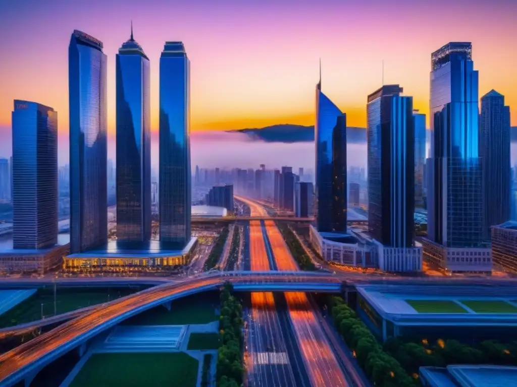 Metrópolis vibrante al anochecer: arquitectura moderna y energía cosmopolita Vista urbana nocturna con impacto global en demanda de propiedades comerciales en ciudad en crecimiento