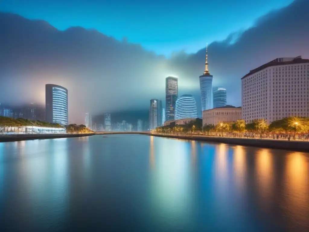 Horizonte urbano al atardecer: tecnología y migración inmobiliaria Vista urbana nocturna con rascacielos iluminados y un río sereno