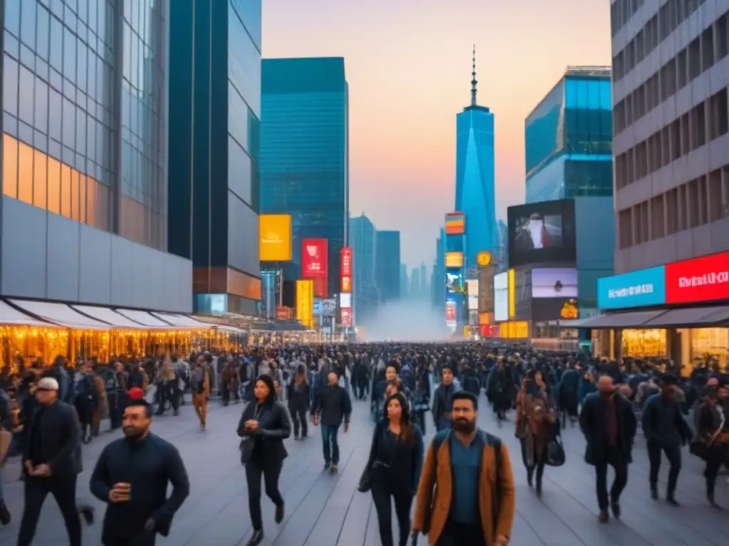 Metrópolis luminosa: crecimiento y diversidad urbana Vista urbana nocturna con rascacielos iluminados y calles llenas de gente diversa