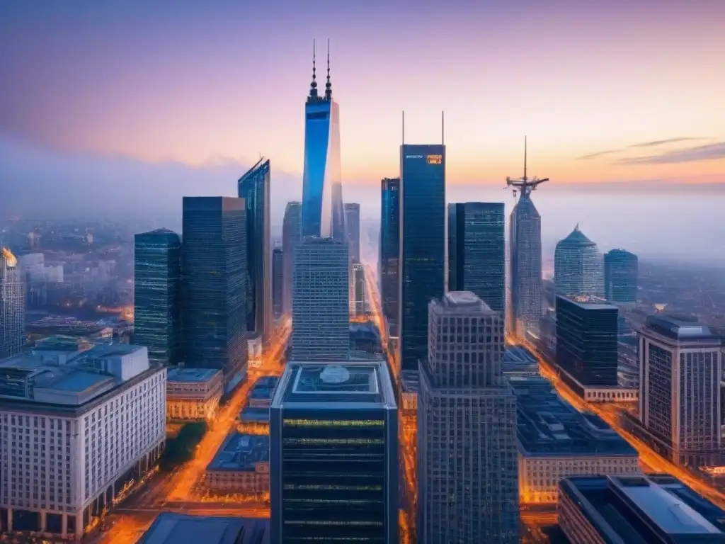 Horizonte urbano al anochecer: Negocios globales en la era digital Vista urbana al anochecer con rascacielos y arquitectura histórica, resaltando el impacto del entorno político en las inversiones inmobiliarias