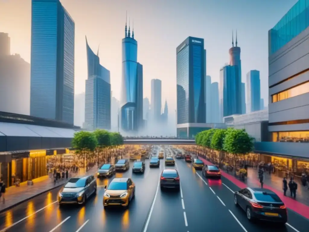 Inversión inmobiliaria: paisaje urbano dinámico y próspero Vista urbana con rascacielos y calles llenas de actividad, mostrando el impacto de desarrollos de infraestructura en inversión inmobiliaria