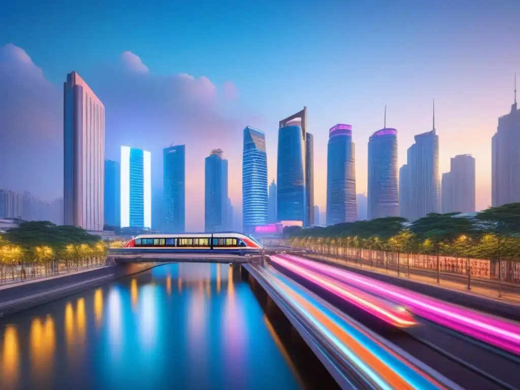 Skyline urbano: luces de neón en río sereno Vista urbana con rascacielos iluminados y río sereno, simbolizando oportunidades nichos inmobiliarios mercados emergentes