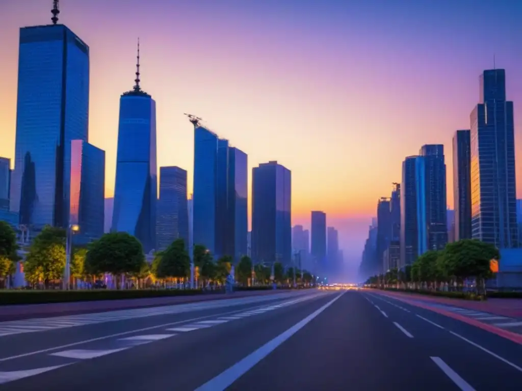 Inversión inmobiliaria: metrópolis diversa al anochecer Vista urbana al anochecer con rascacielos iluminados y gente en la calle