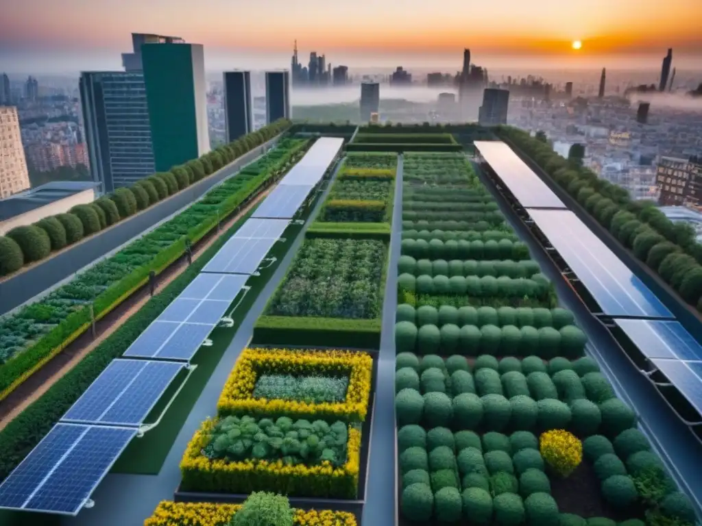 Metrópolis sostenible: rascacielos verdes al atardecer Vista urbana con rascacielos, jardines en azoteas y paneles solares, mostrando armonía entre desarrollo urbano y sostenibilidad