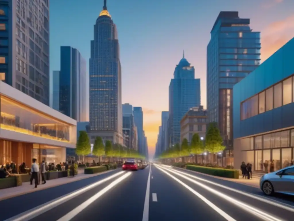 Vista urbana con rascacielos modernos y gente caminando, reflejando el impacto de políticas vivienda e inversión inmobiliaria