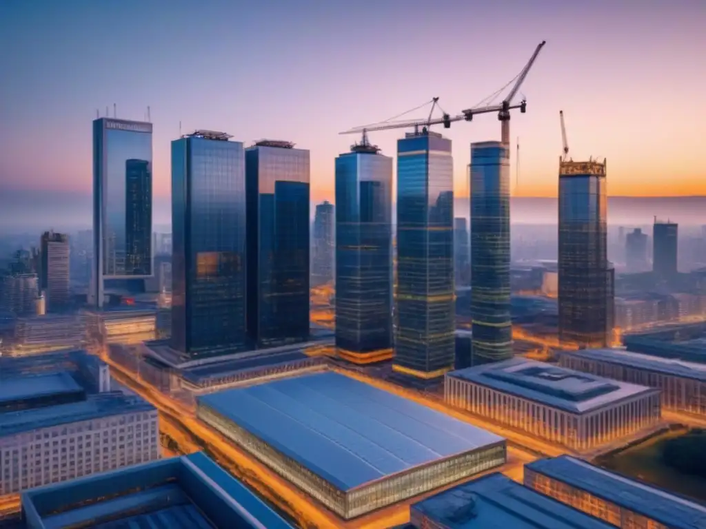 Horizonte urbano al anochecer: innovación y progreso en la ciudad Vista urbana al anochecer: rascacielos modernos y edificios históricos