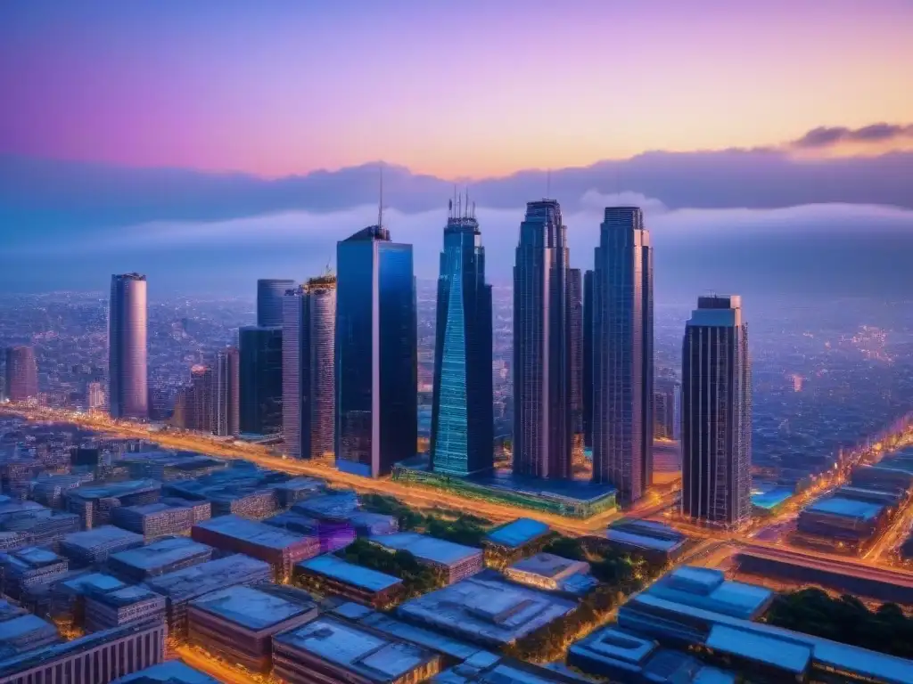 Metrópolis en transformación: rascacielos de cristal en atardecer vibrante Vista urbana con rascacielos relucientes y neones brillantes, reflejando la energía de una metrópolis en constante cambio