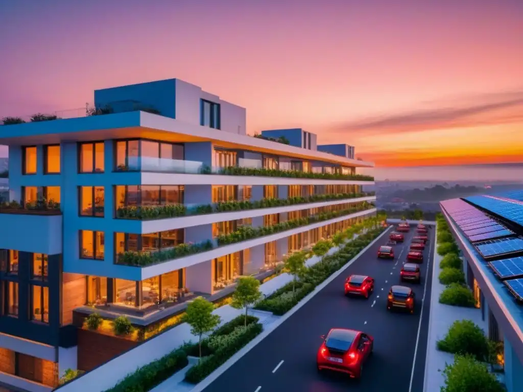 Edificio sustentable con luces IoT en una ciudad moderna al atardecer Vista urbana sostenible al anochecer con edificio IoT y propiedades inmobiliarias sostenibles IoT
