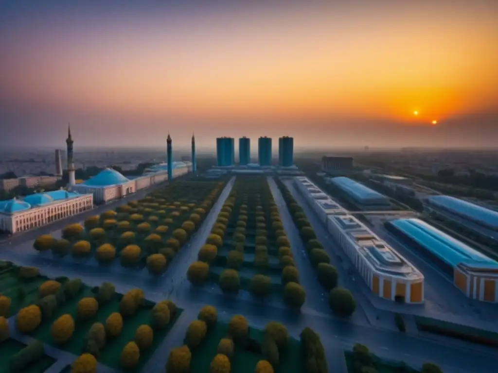 Horizonte futurista de Tashkent al atardecer Vista urbana de Tashkent al atardecer con rascacielos modernos y vida callejera vibrante