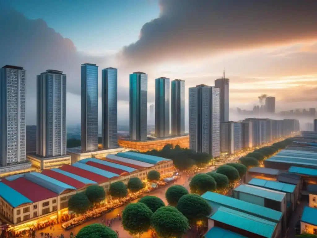 Vibrante paisaje urbano en mercado emergente: inversión y cultura Vista urbana vibrante en mercado emergente con innovación y riqueza cultural