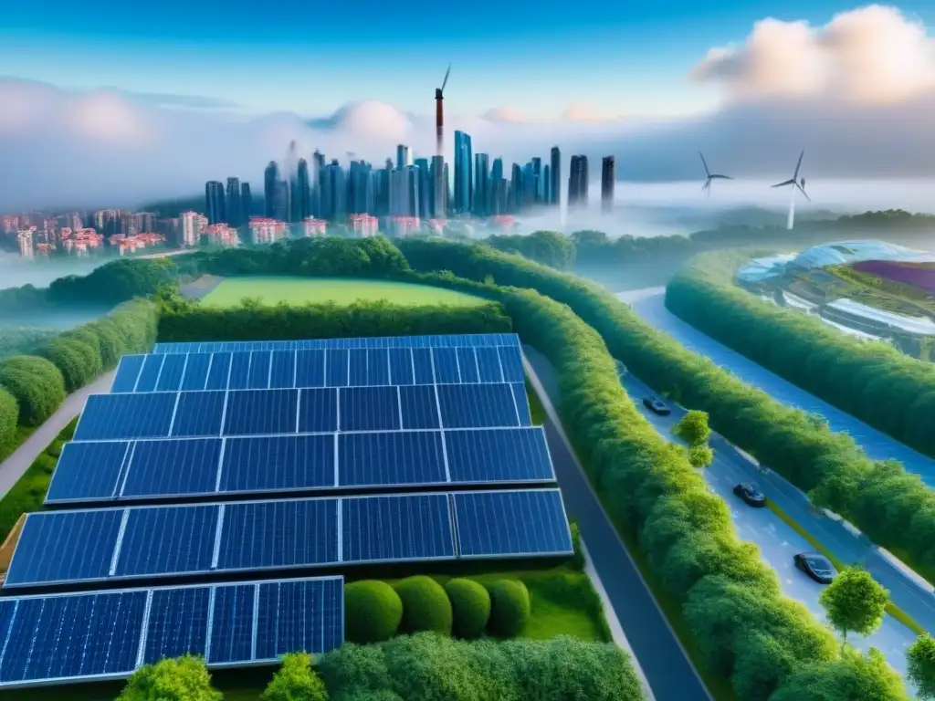 Metrópolis sostenible: armonía entre ciudad y naturaleza Vista urbana vibrante con rascacielos verdes, autos eléctricos y parques urbanos sostenibles