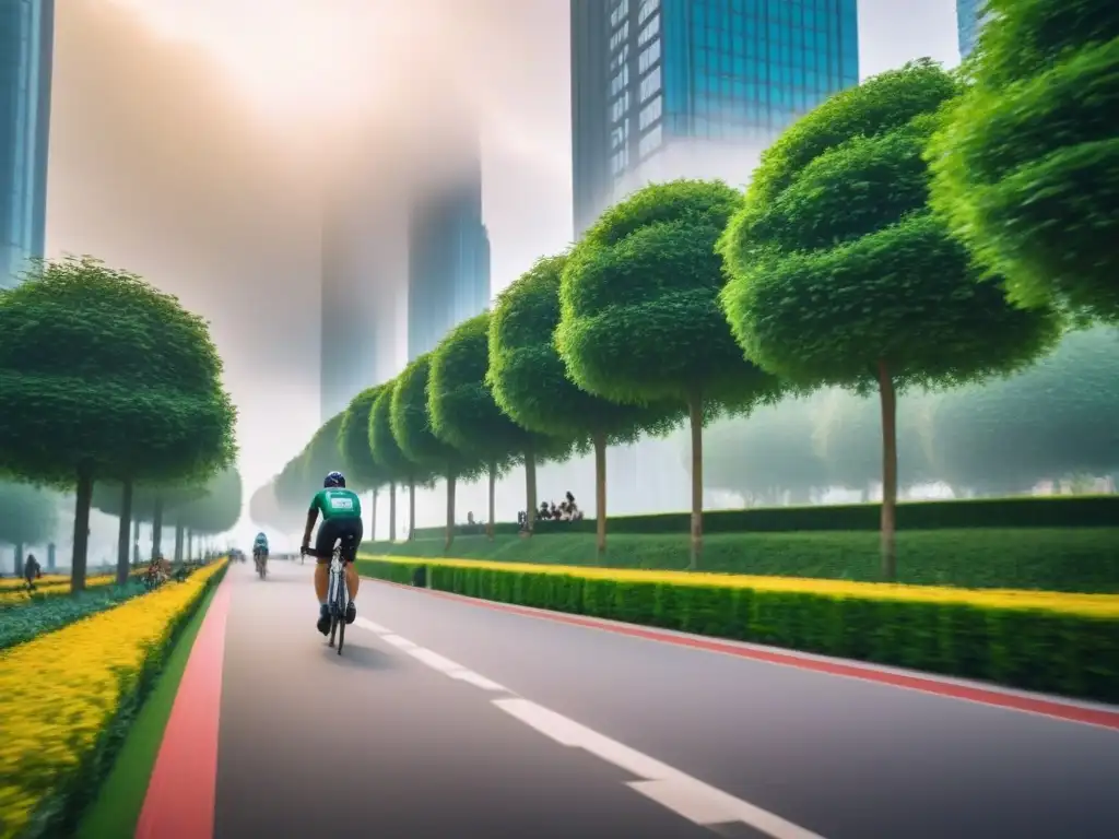 Ciudad sostenible: armonía urbana y verde Vista urbana vibrante, sostenible y participativa con rascacielos modernos, parques verdes y calles peatonales
