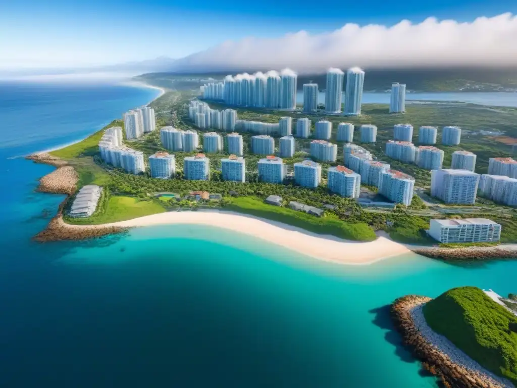 Vecindario costero de lujo: riesgos naturales y propiedades de alto valor Vista de un vecindario costero moderno y lujoso frente al mar, rodeado de vegetación, bajo cielo azul
