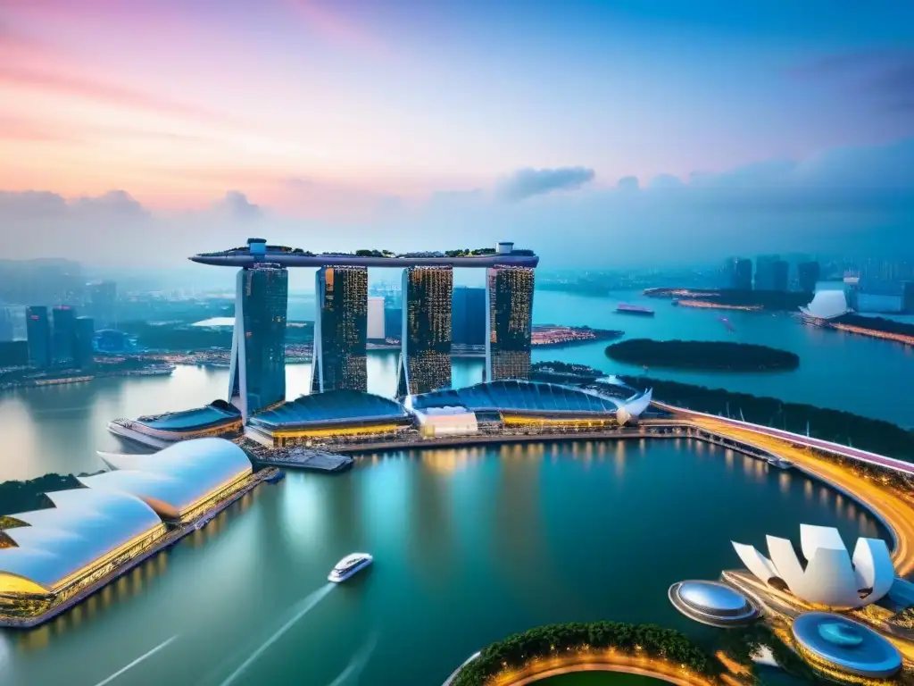 Luces y arquitectura moderna en Singapur al atardecer Vista aérea vibrante de Singapur al atardecer, con rascacielos iluminados y Marina Bay Sands