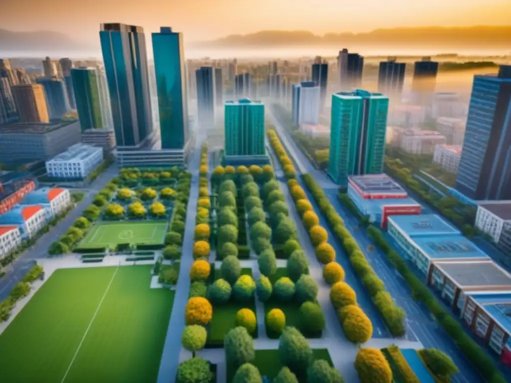 Vida urbana: modernidad y comunidad en armonía Vista aérea vibrante de un barrio urbano con rascacielos modernos y espacios verdes, reflejando una vida social global en desarrollos inmobiliarios