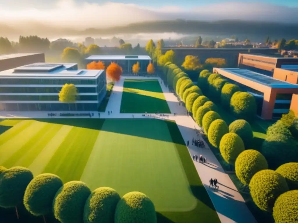 Campus universitario vibrante: inversión en zonas de excelencia académica Vista aérea vibrante de un campus universitario bullicioso, con edificios modernos y espacios verdes, estudiantes entre clases