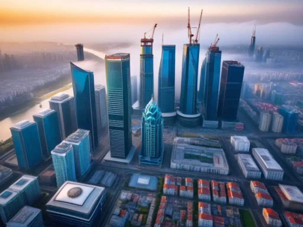 Vibrante ciudad en crecimiento: mezcla de modernidad y tradición Vista aérea vibrante de una ciudad en economía emergente, destacando la inversión inmobiliaria y el crecimiento dinámico