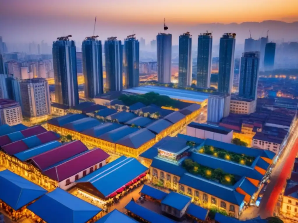 Mercado inmobiliario emergente: potencial y energía en la ciudad Vista aérea vibrante de una ciudad emergente con mercado callejero y rascacielos