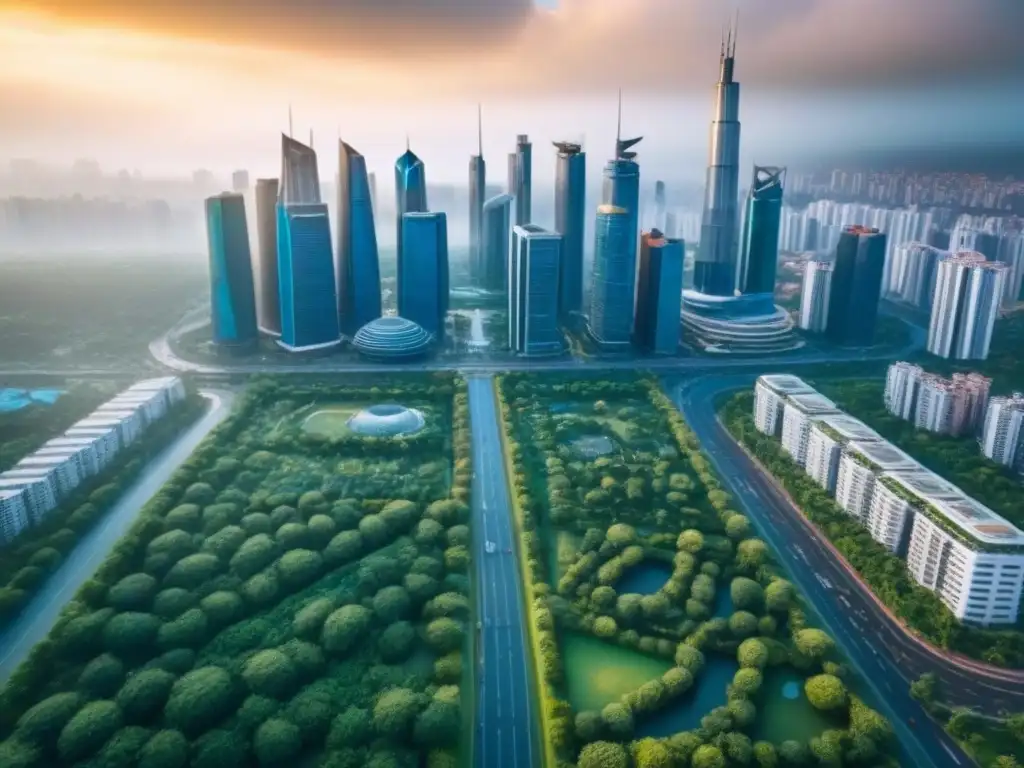 Metrópolis vibrante: oportunidades inmobiliarias en mercados emergentes Vista aérea vibrante de una ciudad emergente, con rascacielos, parques verdes y calles llenas de vida