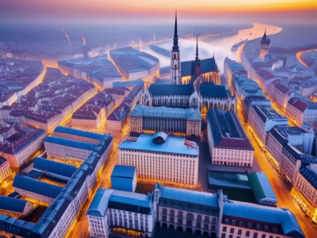 Cityscape vibrante en Europa del Este: fusión de historia y modernidad Vista aérea vibrante de una ciudad de Europa del Este, fusionando historia y modernidad