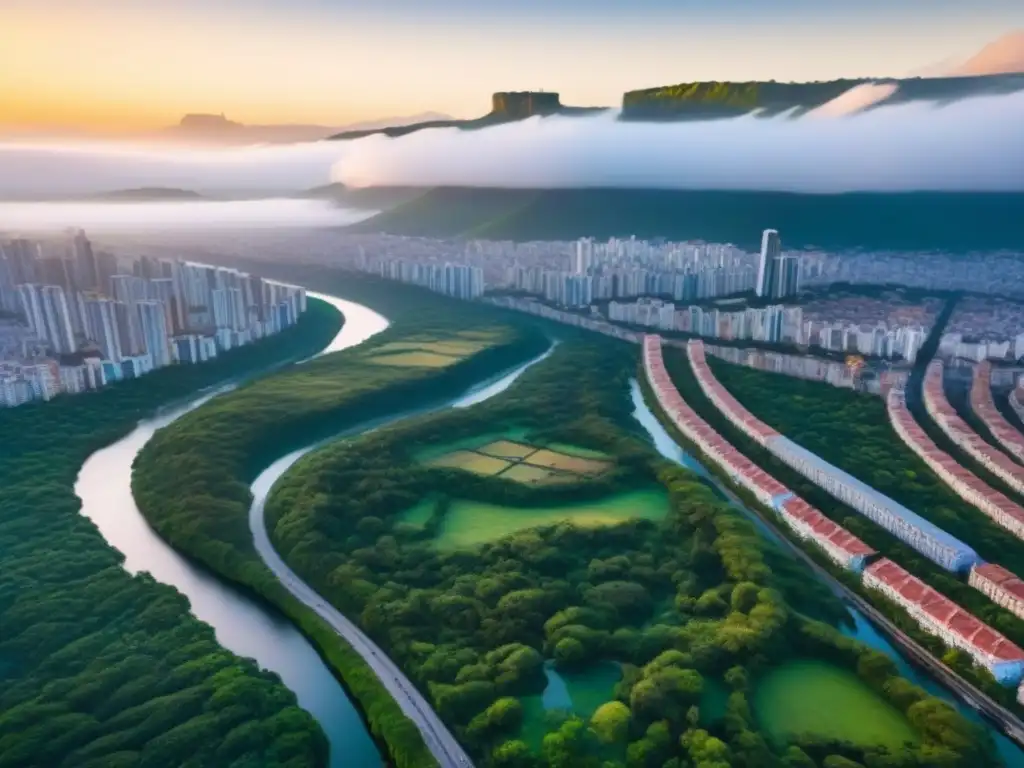 Horizonte urbano latinoamericano: fusión de tradición y modernidad Vista aérea vibrante de una ciudad latinoamericana, fusionando arquitectura tradicional y moderna en un entorno verde con río