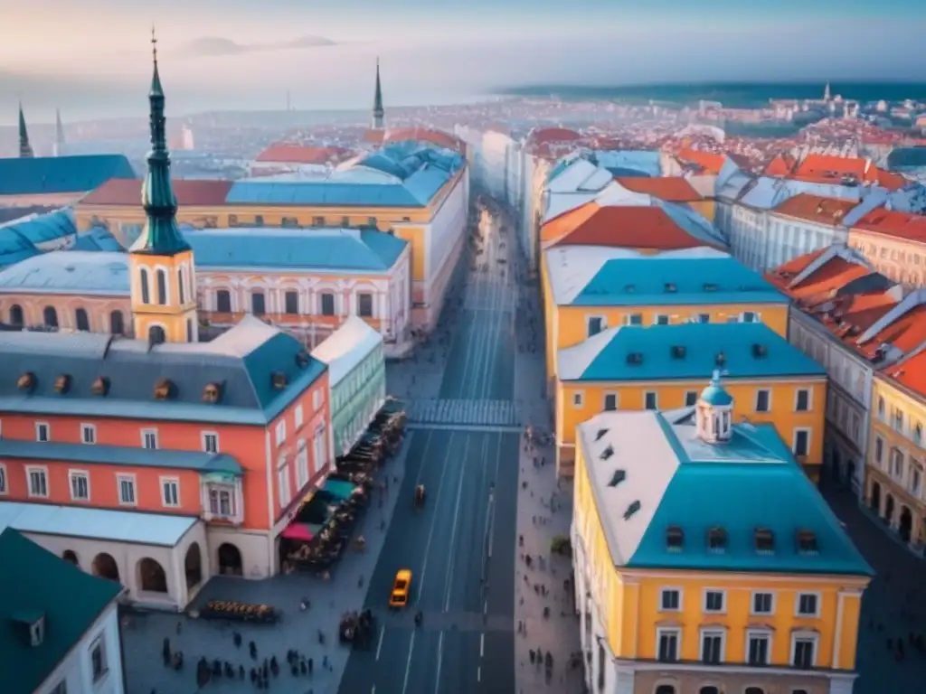 Contraste urbano: historia y modernidad en Europa del Este Vista aérea vibrante de una ciudad en Europa del Este, con mercado colorido y rascacielos modernos