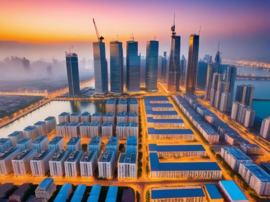 Horizonte vibrante: mercado emergente en crecimiento Vista aérea vibrante de ciudad en mercado emergente con rascacielos modernos y mercados tradicionales activos al atardecer