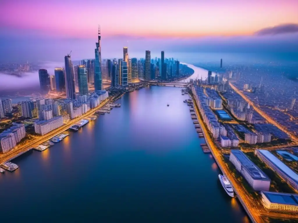 Inversión inmobiliaria internacional: ciudad moderna al anochecer Vista aérea vibrante de una ciudad moderna al anochecer, reflejando las mejores inversiones inmobiliarias internacionales 2021
