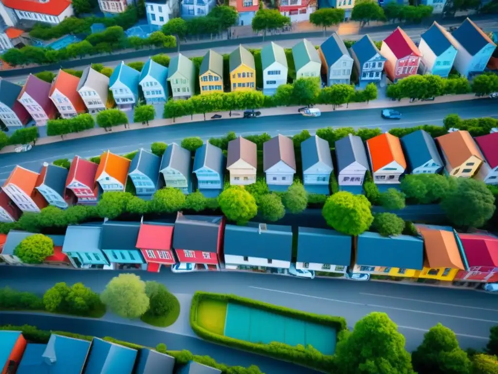 Armonía urbana: tradición y modernidad en un pueblo revitalizado Vista aérea vibrante de una ciudad pequeña con encanto, mezcla de tradición y modernidad gracias a estrategias inmobiliarias ciudades pequeñas