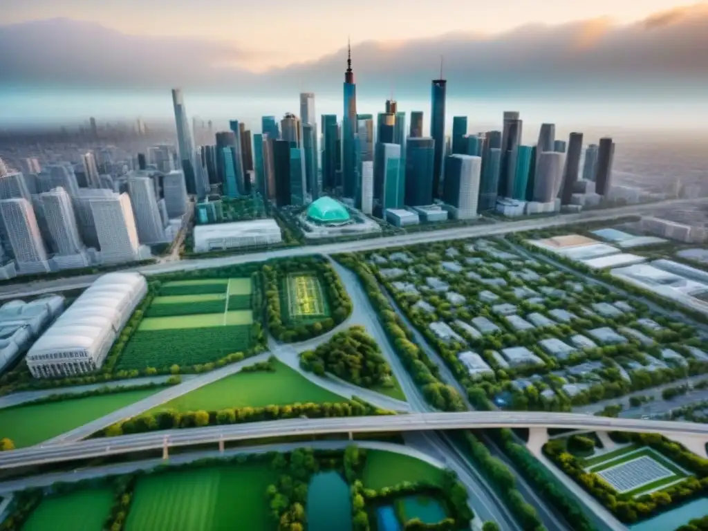 Panorámica vibrante de ciudad moderna en América del Norte Vista aérea vibrante de una ciudad con rascacielos modernos, redes viales intrincadas y parques urbanos verdes en América del Norte, mostrando el equilibrio armonioso entre políticas de infraestructura y mercado inmobiliario