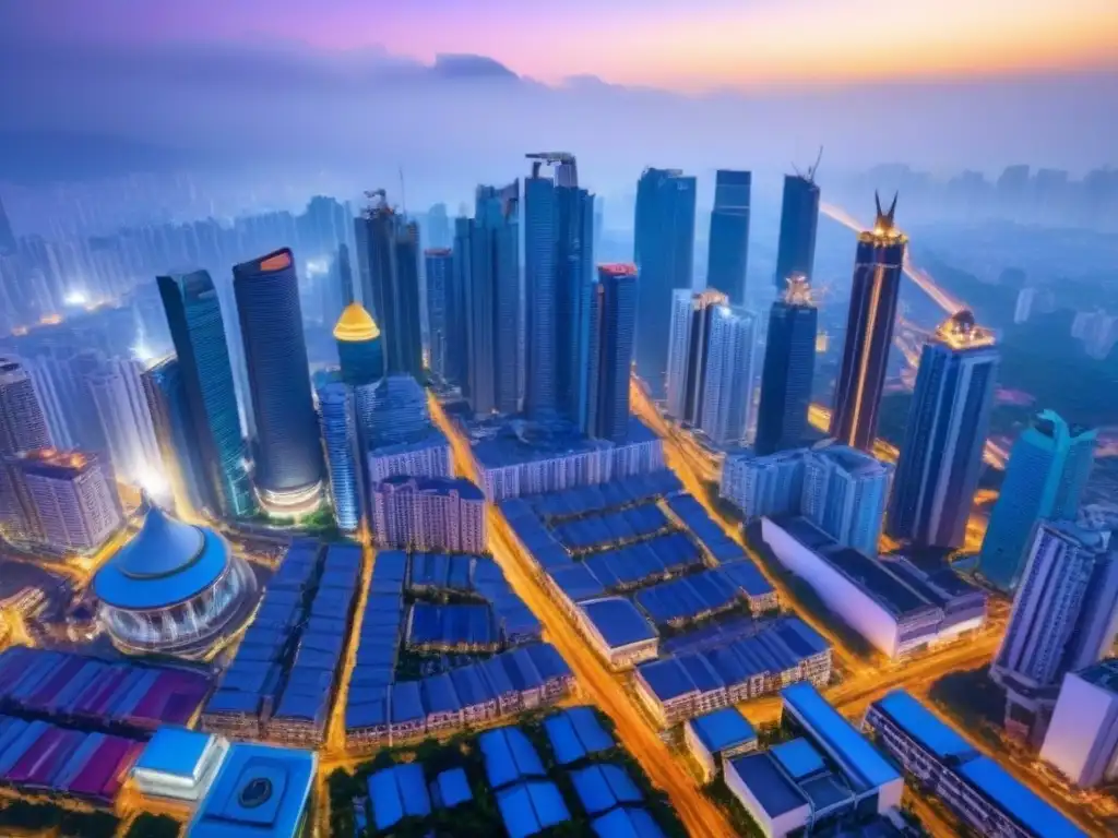 Vibrante ciudad en Asia: fusión tradicional y moderna Vista aérea vibrante de una ciudad en el Sudeste Asiático con mercados inmobiliarios emergentes