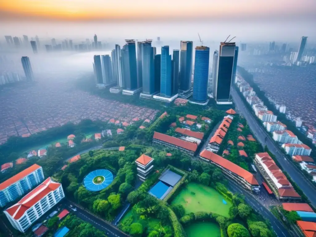 Vibrante ciudad de Jakarta: arquitectura moderna y tradicional Vista aérea vibrante de Jakarta, Indonesia