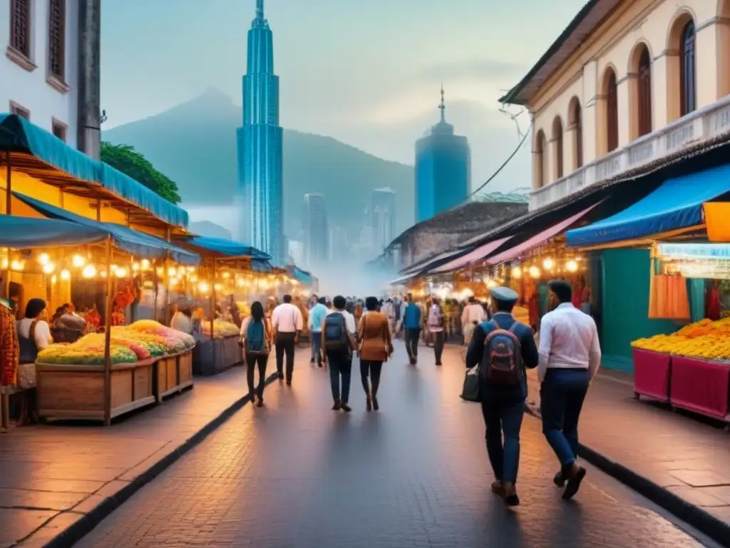 Escena urbana en Latinoamérica: fusión de tradición y modernidad Vista vibrante de América Latina: rascacielos, arquitectura histórica, mercados callejeros y personas diversas disfrutando de la ciudad