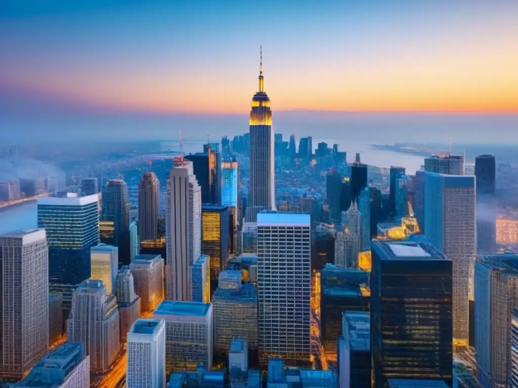 Escena vibrante del mercado inmobiliario internacional desde un rascacielos Vista vibrante de mercado inmobiliario internacional con rascacielos, calles llenas de gente y pantallas de inversión bajo cielo azul