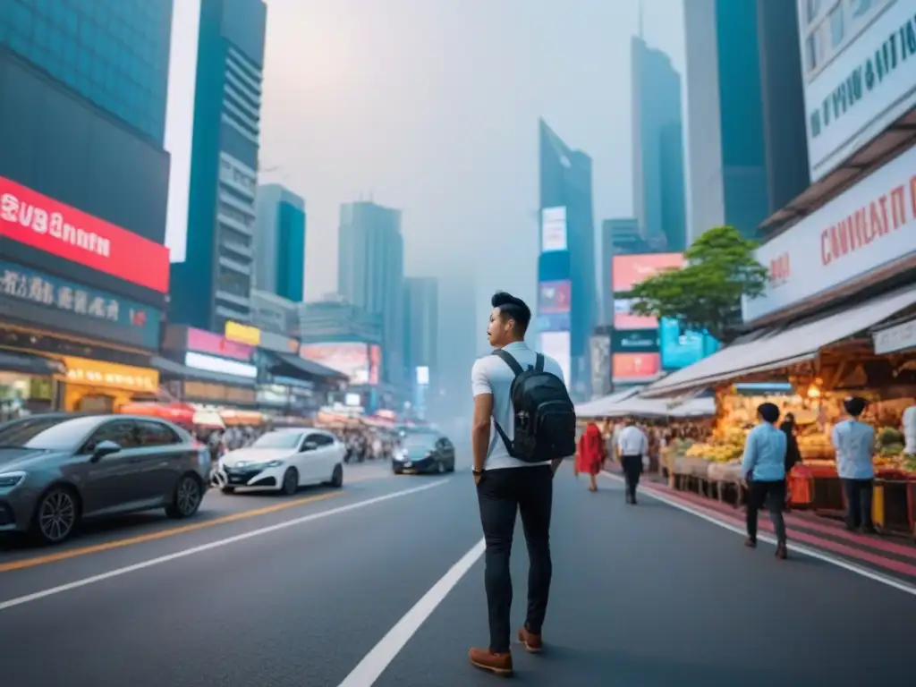 Metrópolis vibrante en Asia: skyline moderno y energía dinámica Vista vibrante de una metrópolis en Asia, con rascacielos modernos y jóvenes profesionales