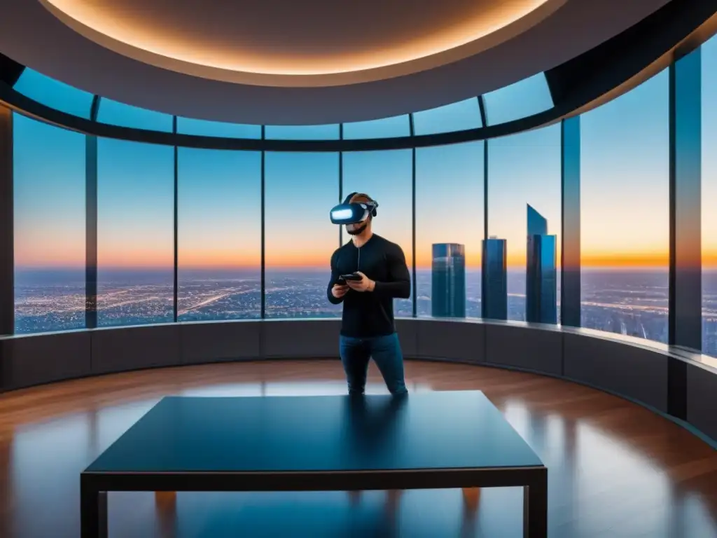 Realidad virtual: tour de lujo en propiedad inmobiliaria Una vista virtual en bienes raíces: un moderno auricular de realidad virtual en una elegante habitación con tecnología de vanguardia