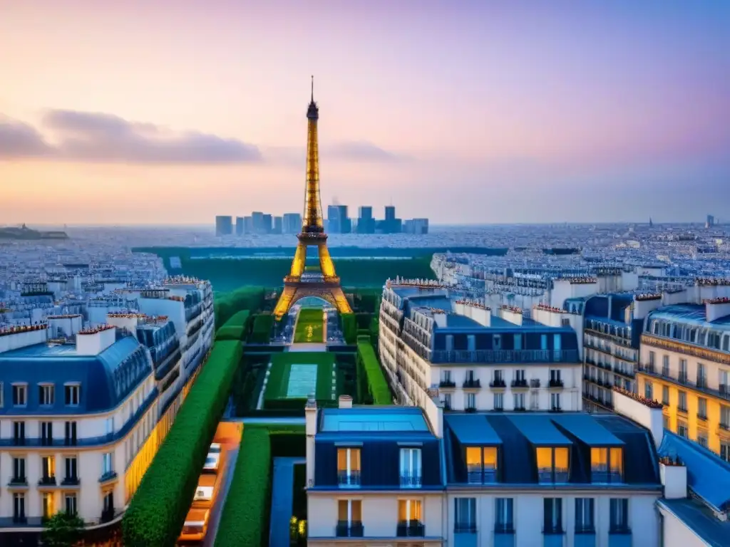 Penthouses de París al atardecer con la Torre Eiffel: lujo en detalle Vistas aéreas detalladas de penthouses de lujo en París al anochecer, con la icónica Torre Eiffel iluminada en el fondo