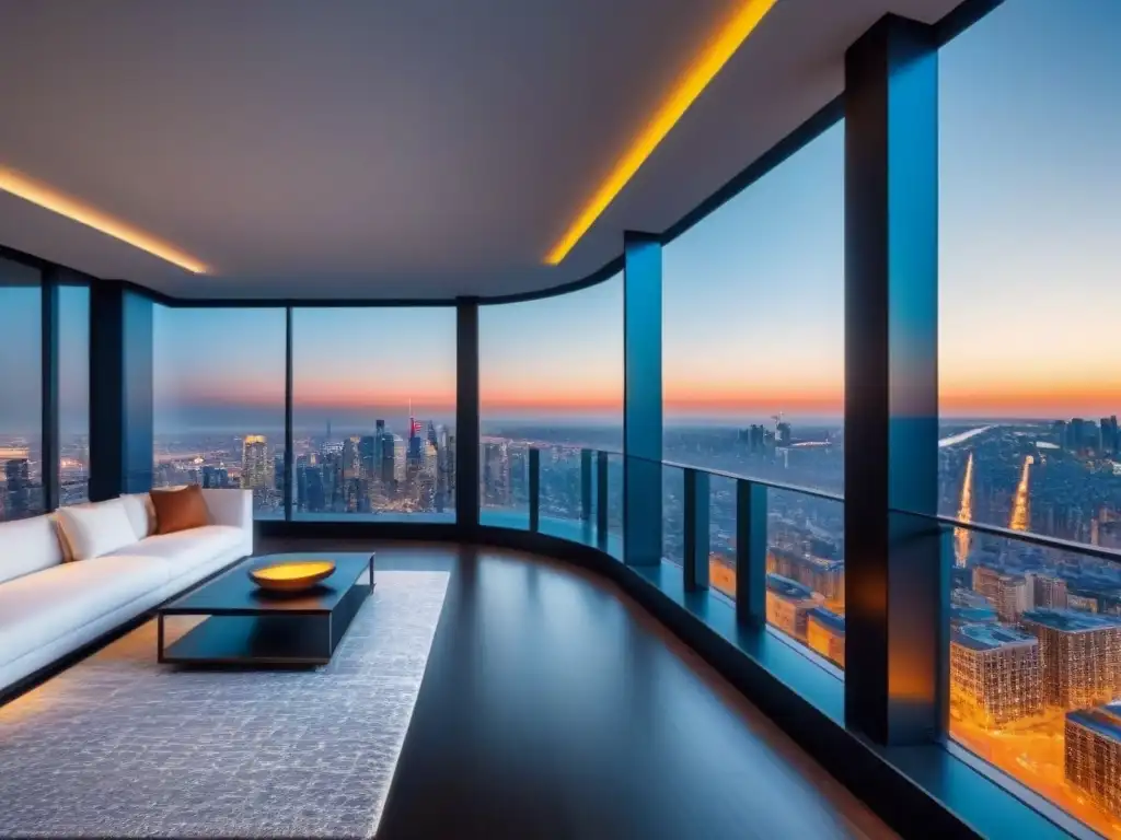 Ático de lujo con vistas panorámicas en ciudad Vistas panorámicas de la ciudad desde un lujoso ático con diseño elegante y tendencia para familias multigeneracionales