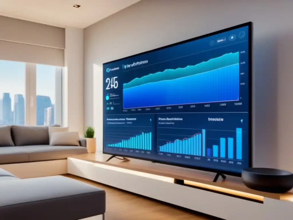 Plataforma PropTech futurista en 8k: datos inmobiliarios en tiempo real y tours virtuales Un vistazo futurista a una plataforma PropTech en el mercado inmobiliario con diseño elegante y gráficos modernos